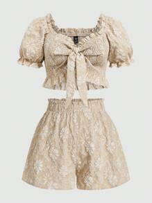 Sweetra Plus Size Vacation Shoulder Cutout T-Shirt And Mini Skirt 2 Pieces Set - Multicolor - View 1