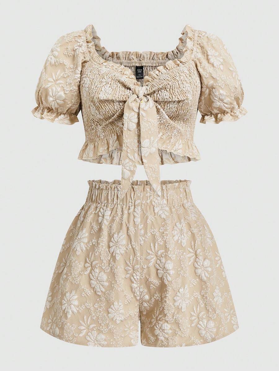 Sweetra Plus Size Vacation Shoulder Cutout T-Shirt And Mini Skirt 2 Pieces Set - Multicolor - View 1