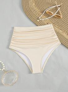 Swim Basics Women Solid Ribbed Fabric High-Waisted Pleated Bikini Bottoms For Summer Beach Vacation - Khaki - View 4