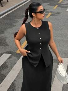 SHEIN EZwear 大码女式纯色简约无袖上衣和裙子两件套西装