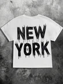 1pc Tween Boy White Summer Casual School T-Shirt,Retro Graffiti Big Letter Pattern Back Round Neck Sports College Art Top Suitable For Daily Travel - White - View 1