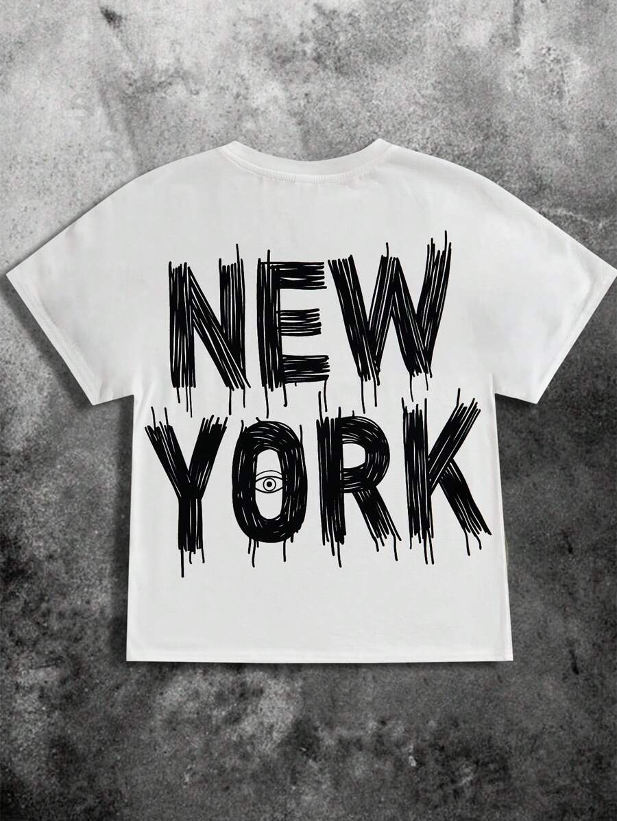 1pc Tween Boy White Summer Casual School T-Shirt,Retro Graffiti Big Letter Pattern Back Round Neck Sports College Art Top Suitable For Daily Travel - White - View 1