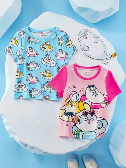 SEALOOK X SHEIN Camiseta de manga corta con estampado de foca linda para niña, uso casual de verano, rosa y azul