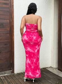 SHEIN Tall Plus Size Women Summer Mesh Floral Print Gorset Bodycon Dress With Underwear - Czerwony - Zobacz 3