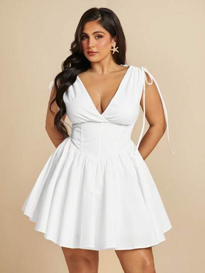 SHEIN BAE Vestido de fiesta con cuello en V, cordón y hombros abultados para mujer talla grande, vestido blanco de vacaciones y cumpleaños