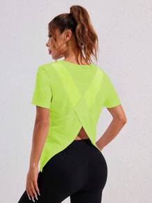 Gameset SHEIN Sport Spring/Summer Short Sleeve Camouflage Jacquard Mesh Splice Sports Top Gym Women Shirts - fluorescent green - View 4