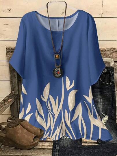 EMERY ROSE Camisa de mujer casual con estampado de rama de planta, cuello redondo, manga corta, adecuada para el verano y para salir, blusas elegantes para mujer, casual