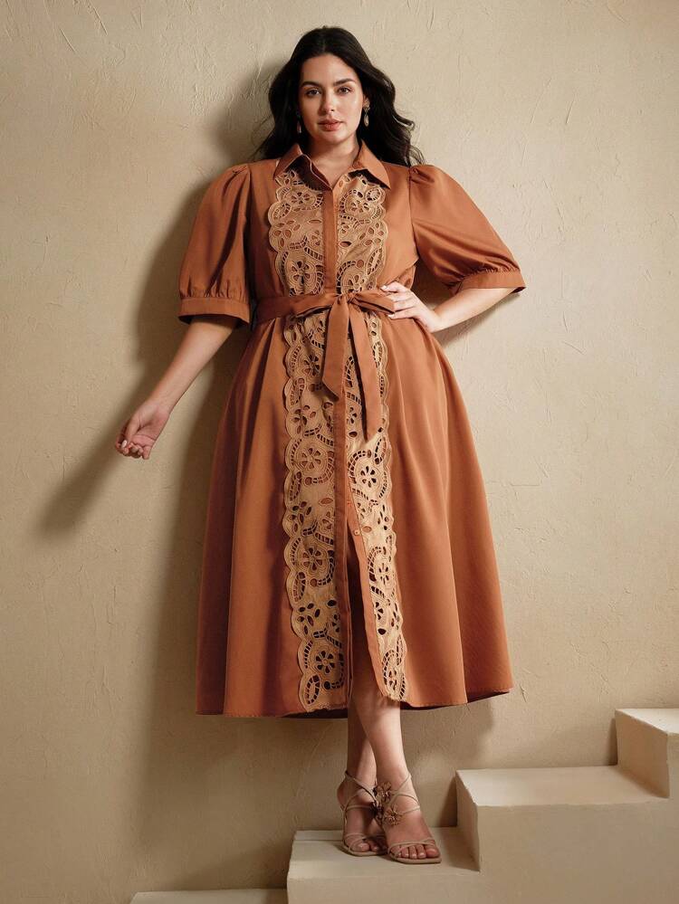 Plus Size Women Lace Trim Open Front Waist Cinched Dress, Spring/Summer