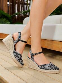 Styleloop Giày sandal đế dày dệt đế xuồng cho nữ, phong cách Bohemian cho kỳ nghỉ - Màu xám đen - Xem 5