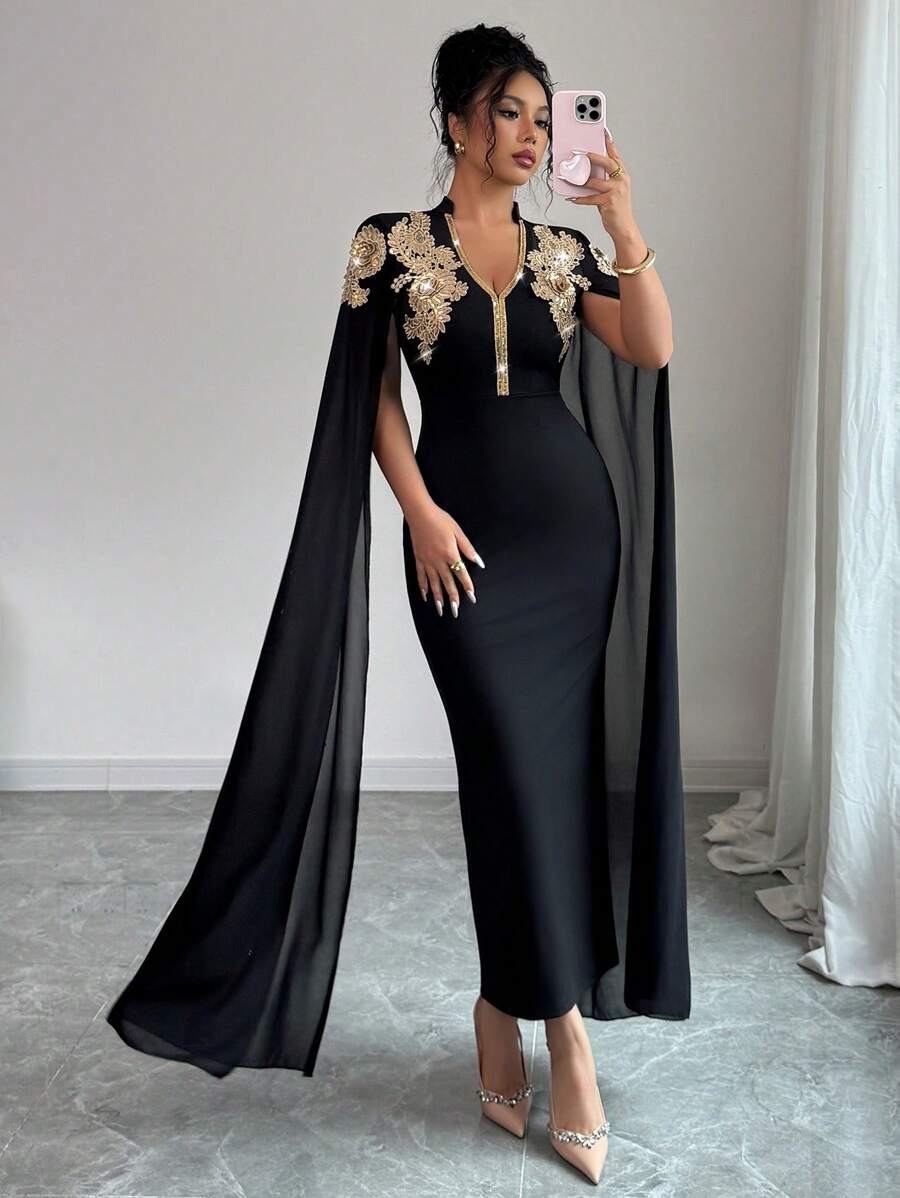 Elenzga Rochie de damă cu mânecă lungă, brodată, cu decolteu în V - imagine 3