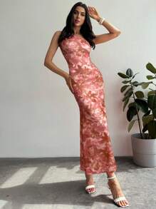 Firerie 女士优雅花卉印花单肩鱼尾下摆扭褶长裙，适合度假、约会、音乐节 - 彩色 - 查看 4