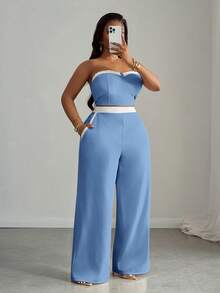 Slaydiva Bộ đồ đôi mùa hè dành cho nữ cỡ lớn, gồm áo quây croptop phối màu sau lưng và quần ống rộng có túi xéo, màu xanh dương nhạt, màu xanh nhạt, bộ đồ đôi màu xanh dương thanh lịch. - Màu xanh lam - Xem 8