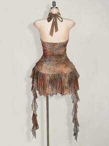 SHEIN ICON 加大码方领露背腰褶饰荷叶边下摆扎染连衣裙，夏季度假，波西米亚风，女士夏装