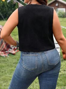 EMERY ROSE 加大码女式西式刺绣开襟背心夏季西式服装、秋季、乡村音乐会、西部、波西米亚风、音乐会、秋季 - 黑色 - 查看 2