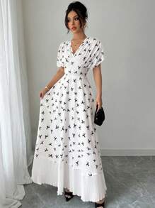 Elenzga Women Fashion Elegant V-Neck Shoulder Sleeve Chest Pleated Hem Chiffon Mesh Panel Printed Dress - Multicolor - View 4