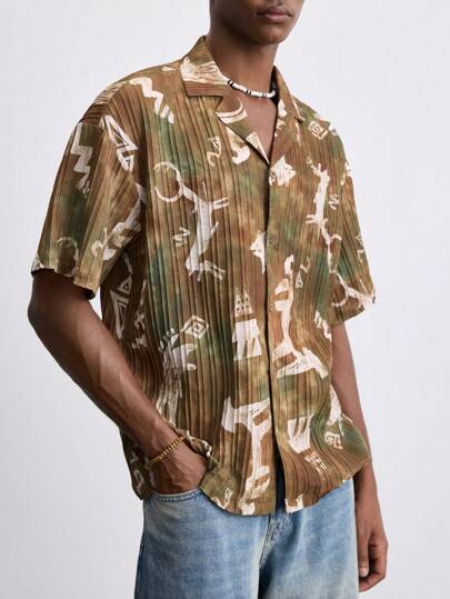 Maija 男士2025夏季新款复古印花翻领短袖开襟衬衫，沙滩必备，度假必备，适合7月4日、休闲、商务、办公、婚礼宾客、派对、毕业典礼等场合。