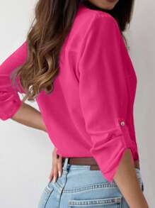 INAWLY Damska bluzka z długim rękawem w jednolitym kolorze i paskiem na rękawie