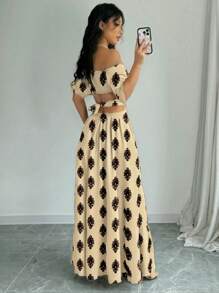 Elenzga 印花露肩蝴蝶结腰带A字长裙女装 - 卡其色 - 查看 2