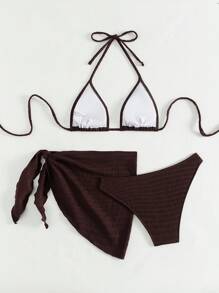 SHEIN Swim 女士夏季沙滩纯色露背性感比基尼泳装套装，带罩衫和半裙，3 件套 - 棕色 - 查看 2