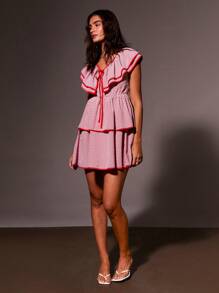Athîral Vestido mini de verano para mujer con estampado de rayas y volantes - Rojo y blanco - Ver 1