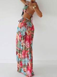 Bonvoyette 3 件套女士印花三角形比基尼上衣，带颈链装饰，迷你裙套装 - 玫瑰紅 - 查看 2