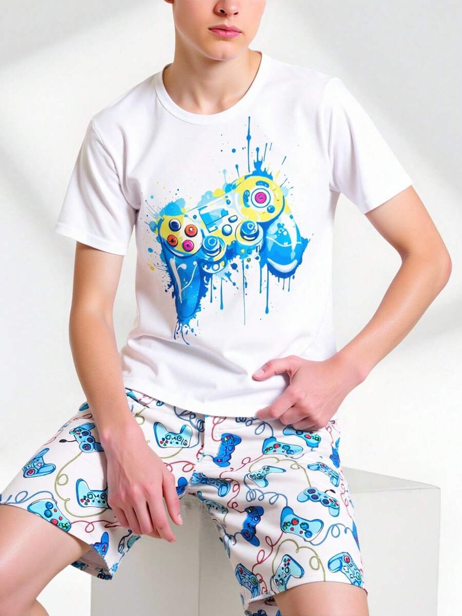 Set de 2 piezas de pijama para hombres jóvenes compuesto por camiseta de manga corta con gráfico de letras casual y pantalones cortos con estampa de videojuego