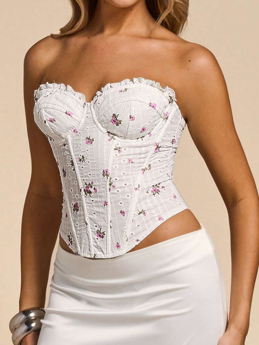 Glamine 女式白色碎花荷叶边饰边系带后背网眼刺绣露肩束身衣抹胸上衣，夏季，女士夏季服装，抹胸，女士束身衣上衣