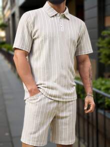 Manfinity Homme 夏季大码男士拼色竖条纹 Polo 衫套装