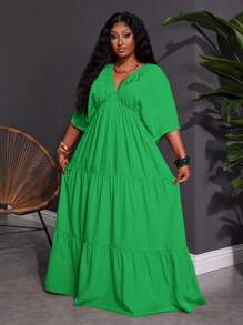 SHEIN CURVE+ Plus Size V-Neck Dress For Summer Holiday, Orange Boho Vacation Beach Outfits For Woman/Beach Dress/Beach Vacation Outfits/Beach Essentials / Graduation/Tea Party Dress - Green - View 2
