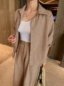 DAZY 女士优雅衬衫上衣和休闲裤两件套，秋季女装家居服套装 - 卡其色 - 查看 2