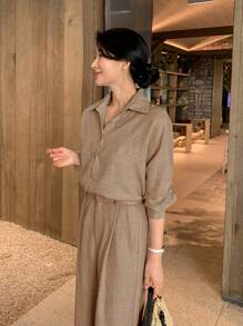 DAZY 女士优雅衬衫上衣和休闲裤两件套，秋季女装家居服套装 - 卡其色 - 查看 3
