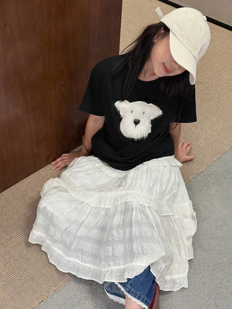 Tween Girl Cartoon Furry Pattern Casual T-Shirt, Summer, Back To School