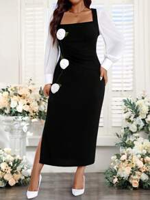 SHEIN Tall Plus Size Elegant Contrast Color Block 3D Floral Decor Dress - Black - View 4