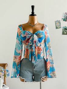 Dreamara 大码女式度假毕业返校秋季度假扎染花卉印花系带长袖牛仔嬉皮上衣夏季波西米亚风上衣 - 彩色 - 查看 3