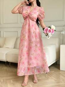 Modelyn Women V-Neck Short Sleeve Floral Print Mid-Calf Length Dress