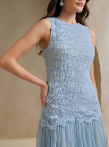 Anewsta Elegant Romantic Fitted Dress With Fabric Patchwork, Suitable For Date, Party, Wedding Guest, Spring, Summer - Blue - View 1