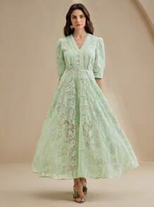 Anewsta Mùa xuân, mùa hè, thanh lịch, kỳ nghỉ, đêm hẹn hò, bãi biển váy dài vải lưới thêu eo bán trong suốt cổ chữ V cho nữ - màu xanh lá - Xem 4