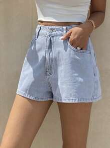 Livesso 新款复古效果水洗宽松设计休闲牛仔短裤，夏季 - 藍色 - 查看 6