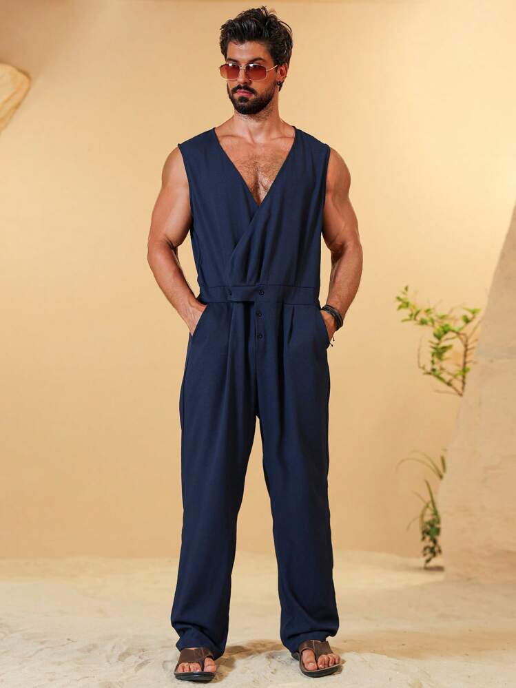 Genlund Men's Solid Color Overlapped V-Neck Sleeveless Jumpsuit