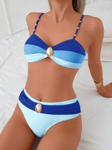 Swim Lushoire 2pcs/Set Women's Tricolor Splice Adjustable Strap Top With Gold Metal Bead Decor And Waist Brown Decor Belt Matching Regular Triangle Bikini Bottom Mature Swimsuit Set For Summer Beach Vacation - Blue - View 3