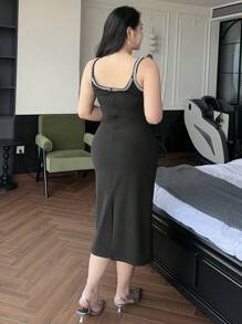Dazy Plus 大码无袖黑色长款派对礼服，饰有闪亮亮片，优雅女士舞会礼服，及地长裙 - 黑色 - 查看 2