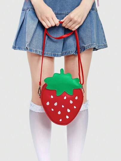 ROMWE Kawaii Bolso bandolera de mujer de piel sintética (PU) con bordado de fresa, de moda y lindo