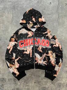 PAVTROS Manfinity Streetrush 1pc Men's Hooded Sweatshirt, Double-Layer Zip-Up Short Boxed Hoodie, Funny Cartoon Angel Print, Patch Embroidery Design, Casual Sportswear Suitable For Daily Wear, Travel, School, Boyfriend/Husband Gift, Couple Matching Zip Up Hoodie Y2k Graphic Zip Up Y2k Men Shirt Graphic Jacket Zip Up - Multicolor - View 4