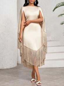 SHEIN Lady Váy dài vừa phải tua rua dệt màu trơn cho ngày lễ của phụ nữ bằng vải satin Váy sinh nhật & sự kiện / Váy công sở / Váy nhà thờ / Váy cưới / Váy ngày lễ, Váy cho phụ nữ mùa hè, Váy tua rua - Màu be - Xem 5