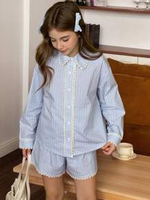 DAZY 2pcs/Set Tween Girls Lace Patchwork Stripe Print Long Sleeve Top And Shorts Set - Blue - View 6