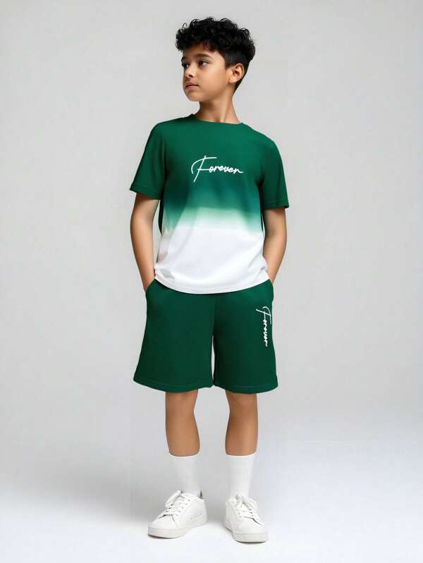 SHEIN Tween Boys' Gradient Short Sleeve T-Shirt And Shorts Set