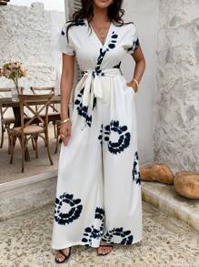DAZY Women's Summer Tie-Dye Print Surplice Neck Belted Wide Leg Jumpsuit For Women Lounge Sets For Women - White - View 5