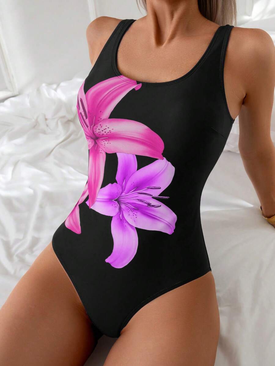 SHEIN Swim Traje de baño de una pieza con estampado floral y espalda descubierta para mujer, perfecto para el verano