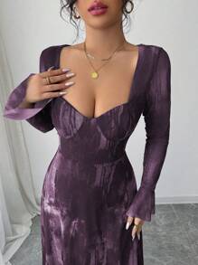 Modelyn 女式船领喇叭袖束腰飘逸扎染网眼优雅印花连衣裙 - 紫色 - 查看 4