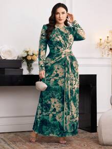 Modelyn Vestido largo elegante de manga larga con estampado floral y cintura fruncida para mujer de talla grande - Verde - Ver 7